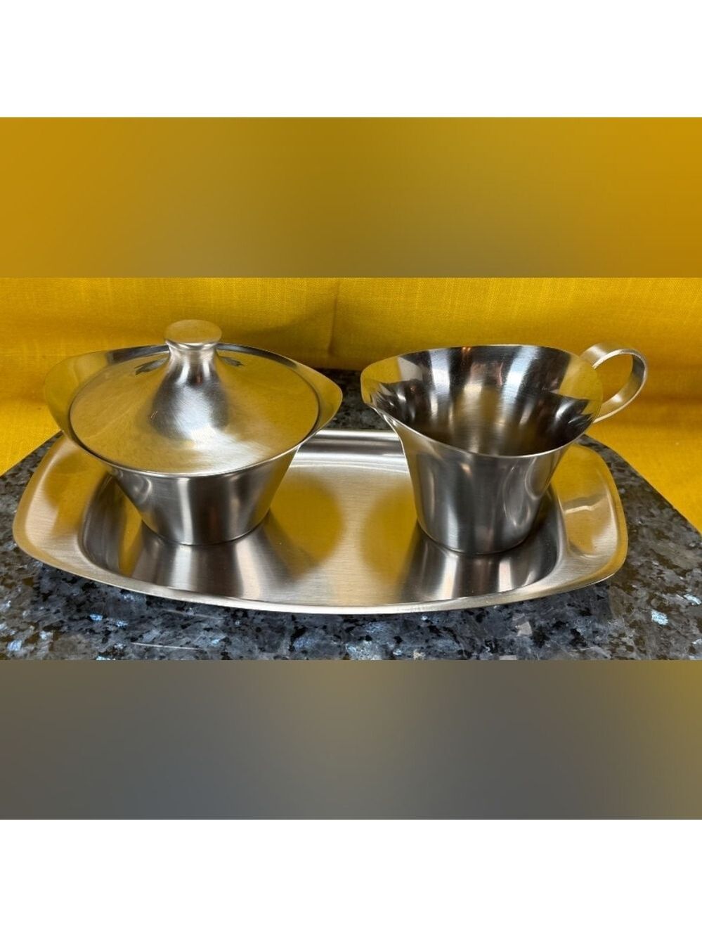 NIB Vtg MCM Viking Stainless 4 piece creamer, sugar bowl w/ lid, and tray
